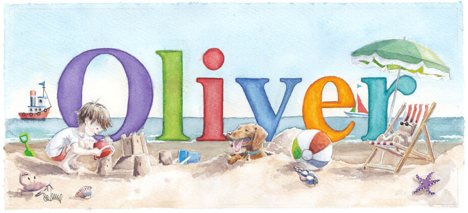 Oliver childrens name plaque. Watercolour
