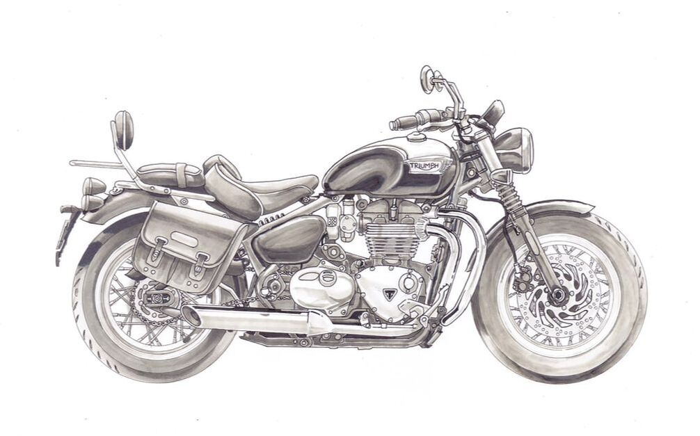 Triumph retro motorcycle, ink and Copic marker